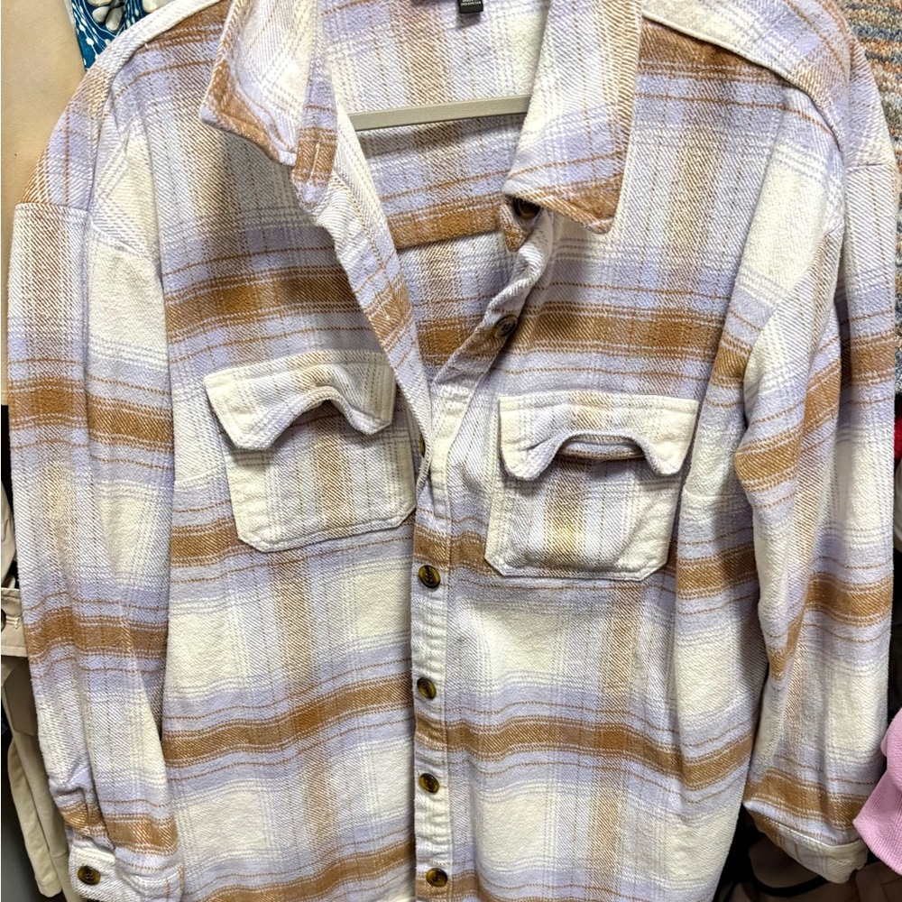 Lane Bryant Cream and Camel Plaid Shirt Jacket